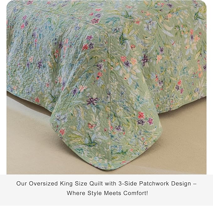 QSH 100% Cotton Oversized King Quilt Bedspread Bedding Set(128"x120"),3Pcs Extra Wide Green Floral Quilt Flower Bird Butterfly Printed Bedspread Coverlet Oversized King Lightweight Soft Bedding Set