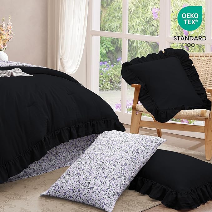 Full Comforter Set - 7 Pieces Ruffle Black Bedding Sets, Shabby Chic Farmhouse Bed in a Bag Full with Ruffle Comforter, Floral Sheets, Pillowcases & Shams