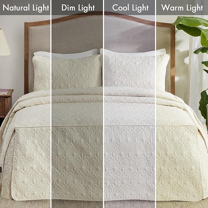 Madison Park Quebec Split Corner Quilted Bedspread Classic Traditional Design All Season, Lightweight, Bedding Set, Matching Shams, King, Damask Quilted Cream 3 Piece
