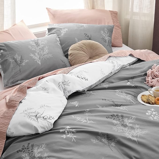 Bedsure Duvet Cover Twin Dorm Bedding - Reversible Floral Duvet Cover Set with Zipper Closure, 2 Pieces Grey Bedding Set with 8 Corner Ties and 1 Pillowcase 20"x26"