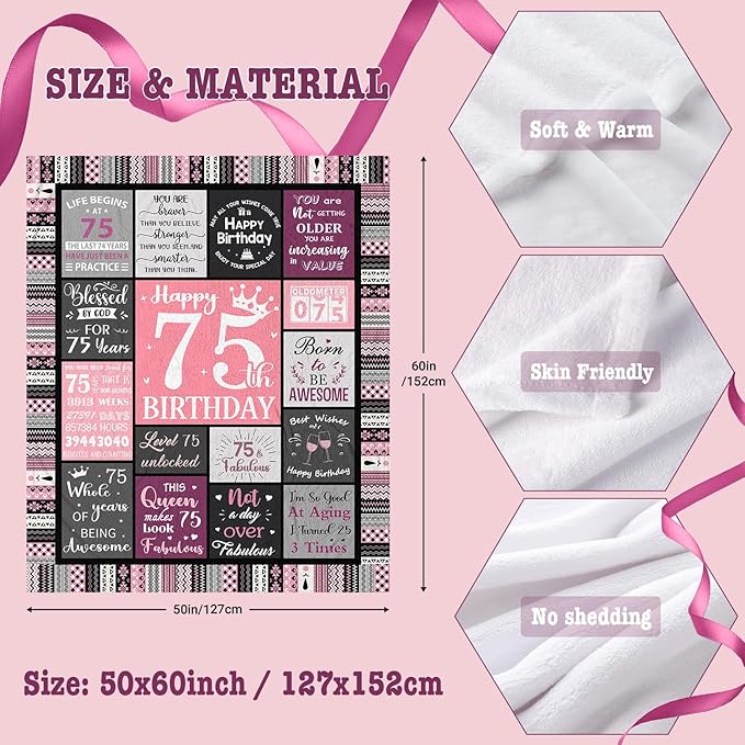 75th Birthday Gifts for Women Throw Blanket 60”x50”, Happy 75th Birthday Decorations for Women, 1951 Bday Gift for 75 Year Old Woman Mom Grandma Friend