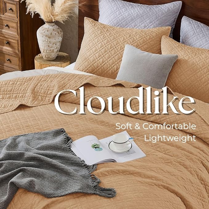 King Quilt Set with Shams Lightweight Quilted Bedspread Coverlet Thin Comforter Bed Cover Vintage Washed Quilted Blanket for All Season, Brushed Microfiber Diamond Stitching, Brown, 104"x92"
