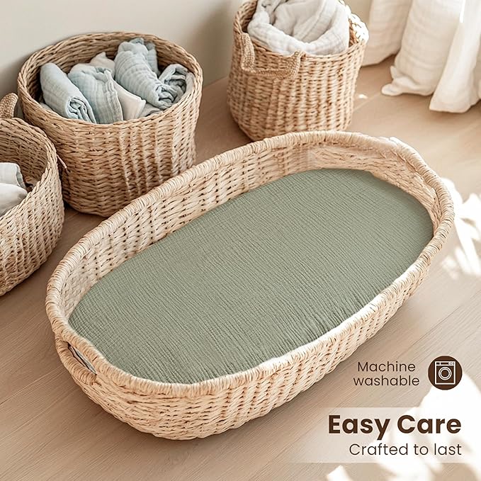 Konssy 2 Pack Muslin Bassinet Sheets for Boys, Girls, 100% Cotton Soft Breathable Fitted Bassinet Mattress Sheet, 32 x 16 inches (Fog Green,Cream)