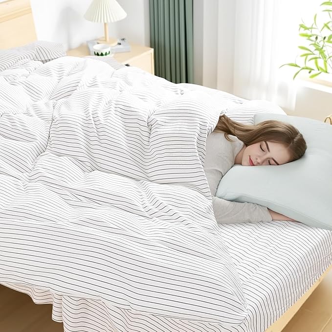NEXHOME PRO Striped Duvet Cover Queen Size,100% Washed Cotton Bedding Set,Textured Linen Feel,Breathable,Organic,3 Piece(Grey Stripes 90x90)