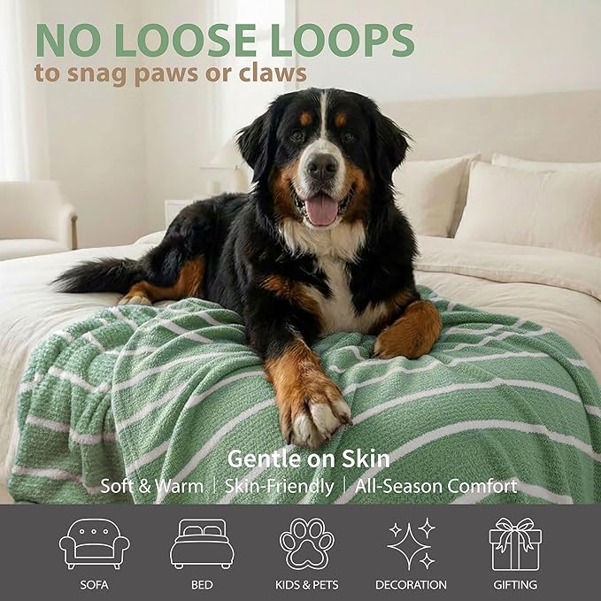 DEZ FURNISHINGS Oversized Cozy Knit Look Cloud-Soft Plush Printed Fleece Throw Blanket, Lightweight & Breathable, Queen (90" x 90"), Sage Green Stripe
