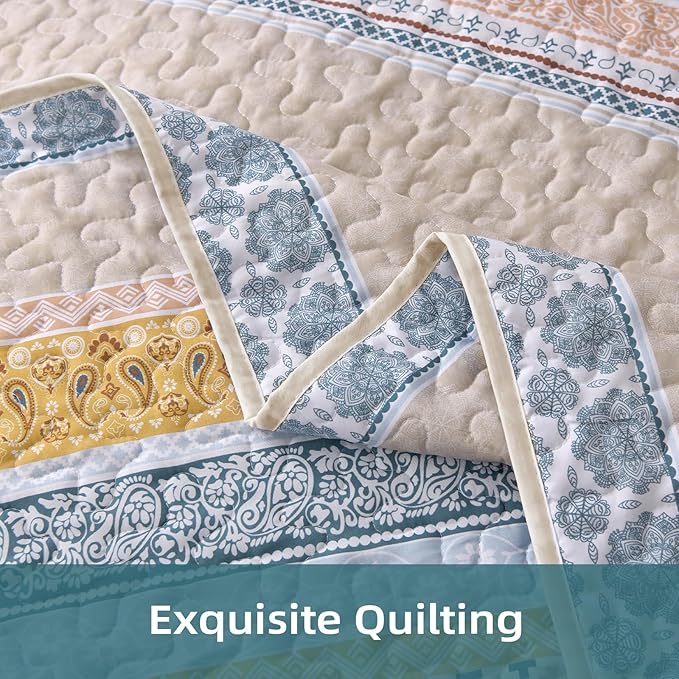 WONGS BEDDING Boho Quilt Set Twin Size, Yellow Bohemian 2 Pieces Fall Quilt Sets, Blue Lightweight Bedspread Coverlet Bedding Set for All Season (68"x86")