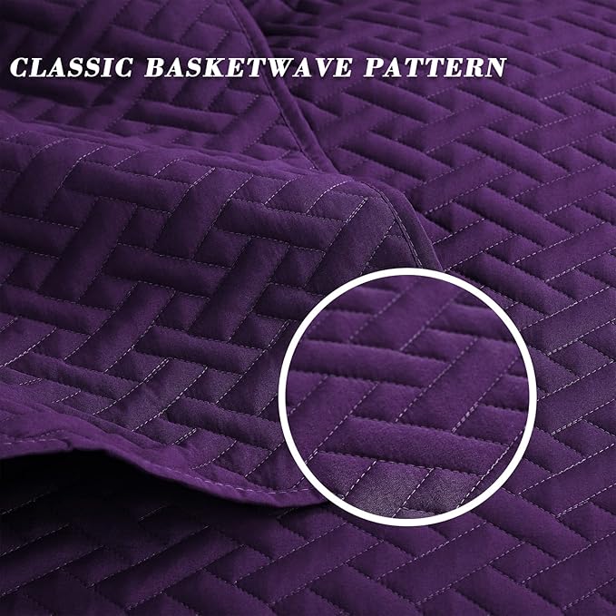 Exclusivo Mezcla Full Queen Size Quilt Bedspreads with Basket Weave Pattern, Soft Lightweight Summer Quilts Bedding Set Coverlets Bed Cover for All Seasons, Purple