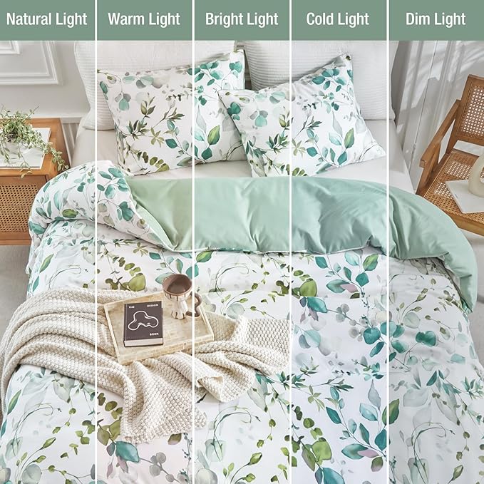Lekesky Duvet Cover Queen Size, Reversible Botanical Floral Duvet Cover Set with Zipper Closure, 3 Pieces Soft Microfiber Green Bedding Set (1Duvet Cover 90"x90", 2 Pillowcases 20"x26")