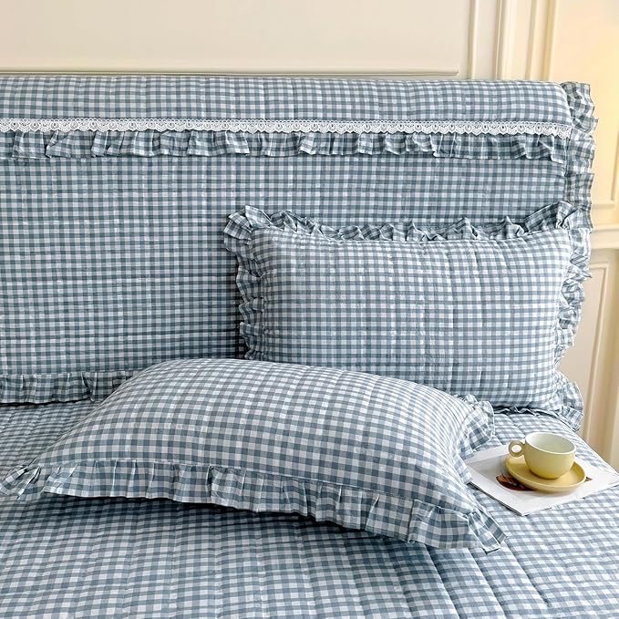 LifeTB Blue Gingham Comforter Set Full Size Ruffle Plaid Grid Bed Comforter Set with 2 Pillowcases Lightweight Gingham Bedding Set Soft Fluffy Farmhouse Plaid Checkered Pattern Comforter Full Size