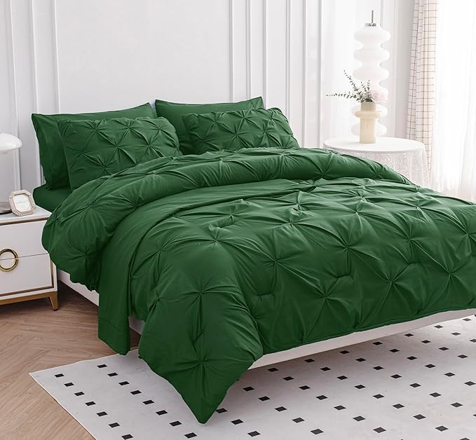 Queen Size Comforter Set – 7 Pc All in One, Bed in a Bag - Featuring Modern Pintuck Stitch Design - Includes Comforter, 2 Pillowcases, 2 Shams, Flat & Fitted Sheet - Apartment Essentials - Olive Green | Apartment ready, Textured bed look, Light comfort...