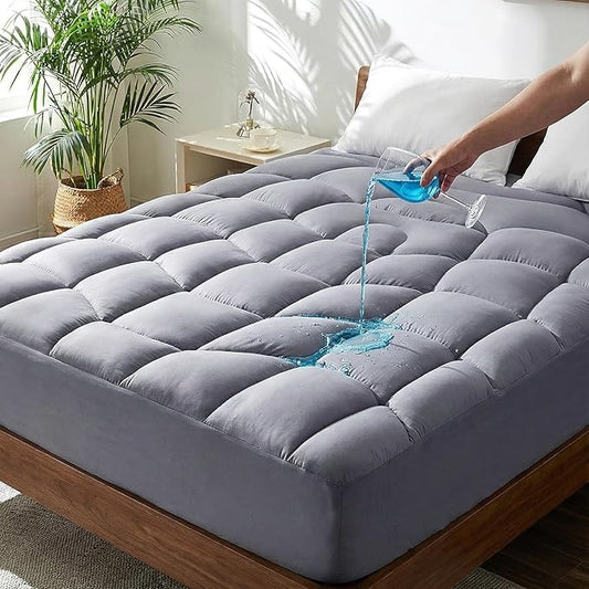Unikome King Mattress Pad Waterproof, Ergonomic Quilted Mattress Topper for Back Pain Relief – Breathable Bed Cover with Deep Pocket (Fits 8-21 Inches), Noiseless & Machine Washable (Grey, 78x80)