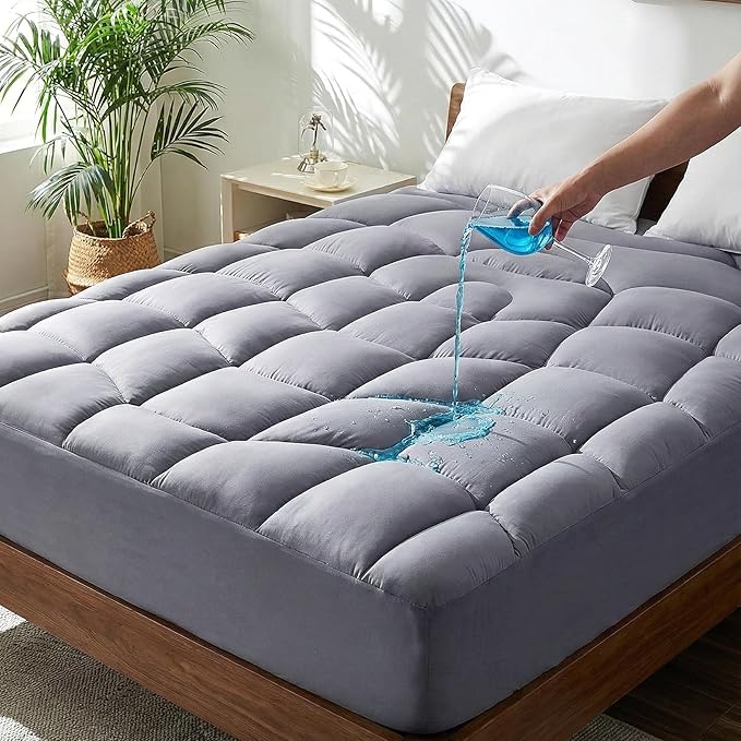 Unikome Waterproof Mattress Pad Queen Size, Ergonomic Quilted Mattress Topper – Soft Breathable Bed Cover with Deep Pocket (Fits 8-21 Inches), Noiseless Durable and Machine Washable (Grey, 60x80)