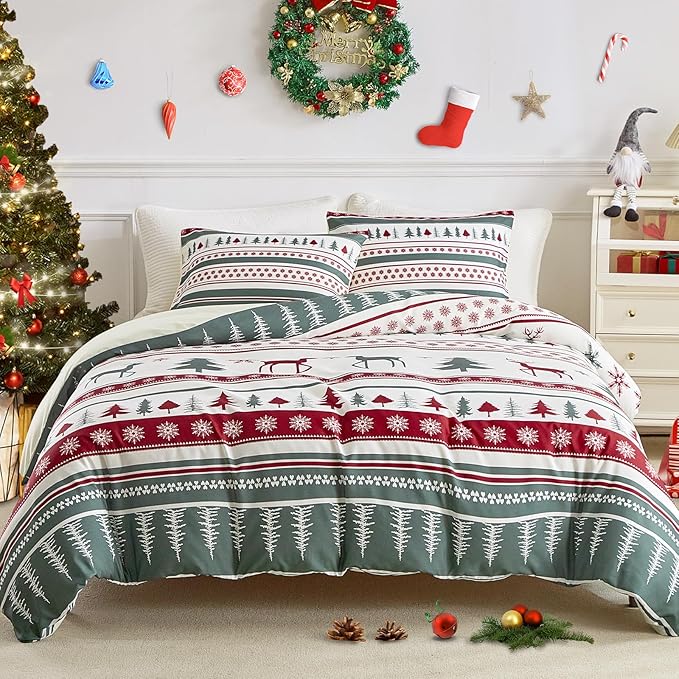 Lekesky Christmas Duvet Cover King Size,3 Pieces Reversible Green Christmas Reindeer Snowflake Holiday Bedding Set with Zipper Closure and 8 Corner Ties(1 Duvet Cover 104×90 inches + 2 Pillowcases)