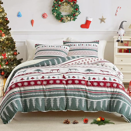 Lekesky Christmas Duvet Cover King Size,3 Pieces Reversible Green Christmas Reindeer Snowflake Holiday Bedding Set with Zipper Closure and 8 Corner Ties(1 Duvet Cover 104×90 inches + 2 Pillowcases)