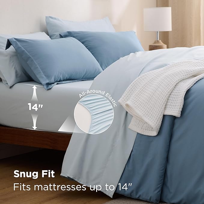 Bedsure Queen Comforter Set - 7 Pieces Grayish Blue Queen Bedding Set for All Seasons, Boho Contrasting Design Bed in a Bag with Comforter, Sheets, Pillowcases & Shams