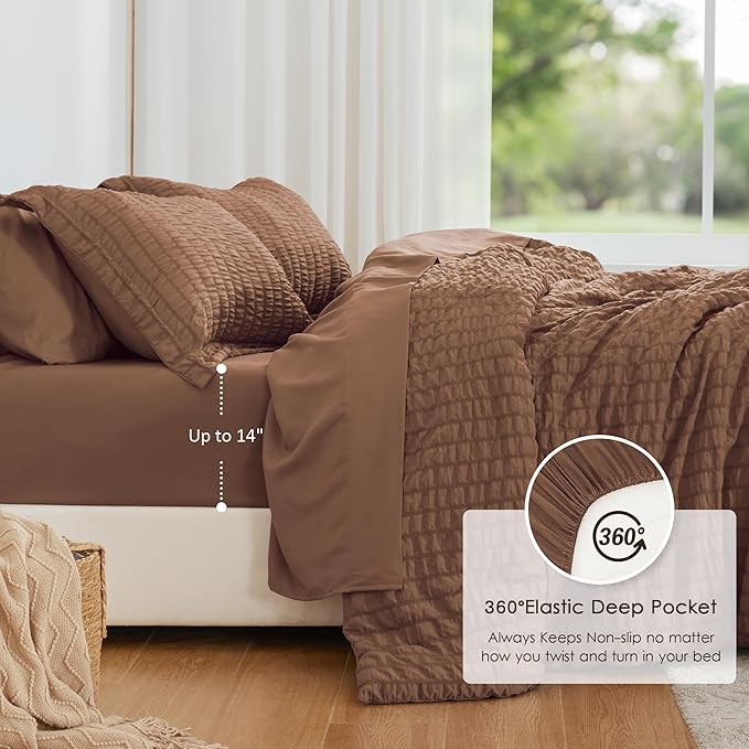 Love's cabin Seersucker Mocha Mousse California King Comforter Set, 7-Piece All Season Lightweight Bed in a Bag Bedding Set with Comforter, Flat Sheet, Fitted Sheet, Pillowcases and Shams | Soft, Breathable, Lightweight