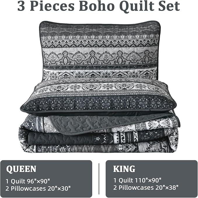 WONGS BEDDING Boho Queen Quilt Set, Black Bohemian Quilt Bedding Set, Lightweight Bed Decor Bedspread for All Season Reversible Microfiber Coverlet Bedding Set 96"x90"(3 Pieces)