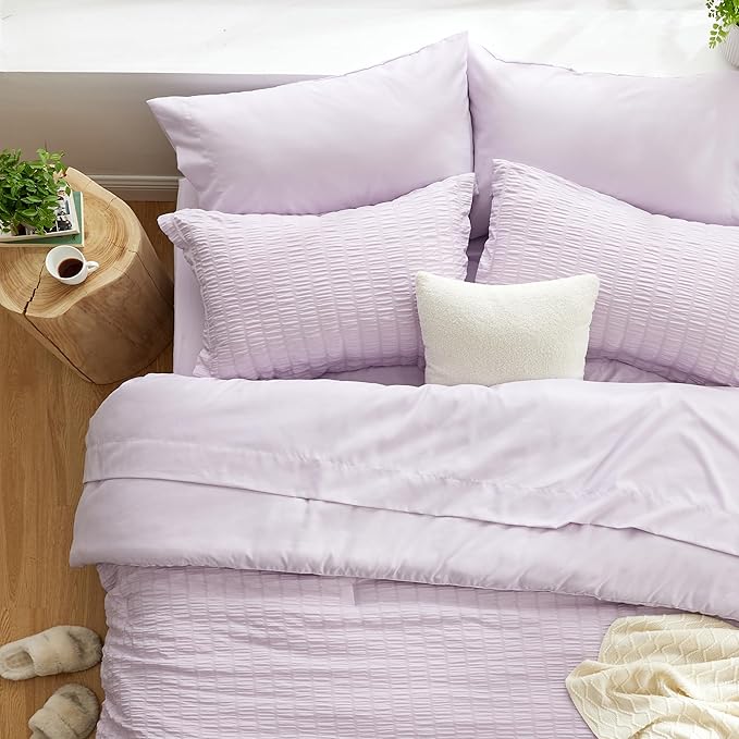 Love's cabin Seersucker Lavender California King Comforter Set, 7-Piece All Season Lightweight Bed in a Bag Bedding Set with Comforter, Flat Sheet, Fitted Sheet, Pillowcases and Shams | Soft, Breathable, Lightweight