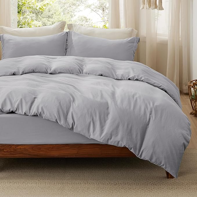 Bedsure Duvet Cover Queen Size with Fitted Sheet - 4 Pieces Prewashed Cotton-Like Polyester Extra Soft Bedding Set, Includes 1 Duvet Cover 90x90 Inches, 2 Pillow Shams, 1 Fitted Sheet, Light Grey
