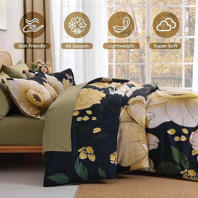 Xruibed Dark Green Floral Comforter Set King Size 7 Pieces Bed in a Bag Flower Bedding Sets Lightweight Boho Bed Set with Sheet,Pillowcases&Shams for All Season