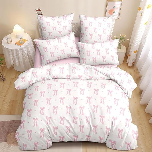 Nayoroom Pink Bow Duvet Cover Queen Size Heart Duvet Cover Coquette Bedding Set 3 Pieces Girls Cute Dorm Bedding Set with Pillowcases Soft Lightweight Microfiber