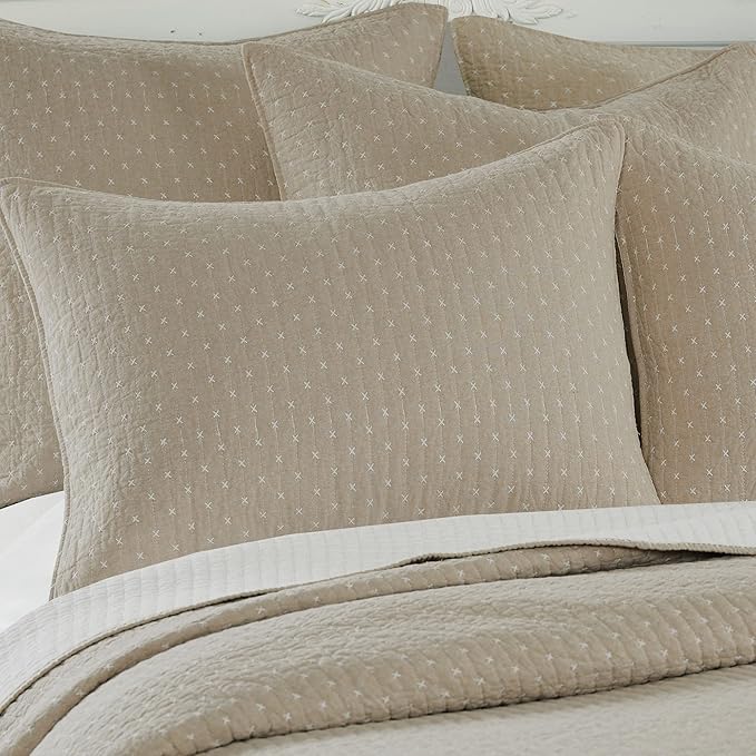 Levtex Home Cross Stitch Reversible Full Bedspread Set (100x104in) with 2 Pillow Shams (26x20in) - Stitch Texture - Taupe - 100% Cotton Full Size Bedspread Set - Lightweight, Soft, Pre-Washed