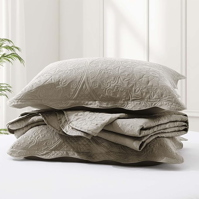 IR Imperial Rooms 10 Pack Queen Quilt Bedding Set (90" x 96") - Bulk Wholesale for Hotels, Guest Bedroom & Airbnbs - Lightweight Microfiber Reversible Floral Embossed Quilts Bedspreads (Beige)