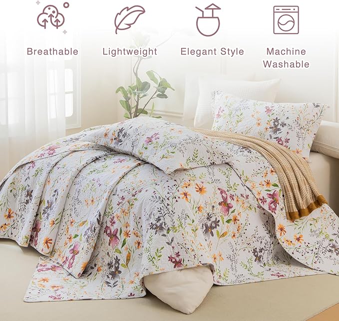 QSH 100% Cotton Oversized King Quilt Bedspread Bedding Set(128"x120"),3Pcs Extra Wide Botanical Floral Quilt Yellow Wild Flower Printed Coverlet Soft Lightweight Bedding Set Oversized King Plus