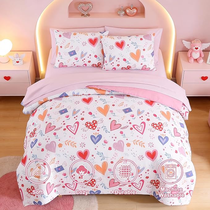 Twin Comforter Set for Girls Kids - 5 Pieces Heart Twin Bedding Sets for Girls Teen, Soft Cozy Bed in A Bag with Sheets