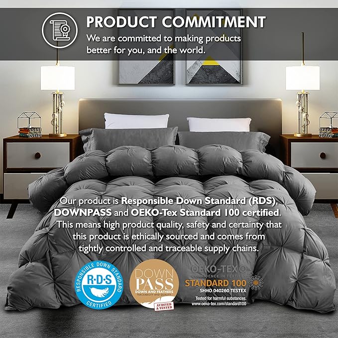 Luxurious Goose Down Feather Fiber Comforter King/California King Size Duvet Insert, Pinch Pleat Ruffled Twisted Flower, Premium Baffle Box, 100% Egyptian Cotton Cover, 75 oz. Fill Weight, Gray