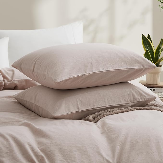 LOVQUE Bedding Duvet Cover Queen Size, 100% Washed Cotton Linen Like Natural Bedding Set with Zipper Closure (No Comforter), 90x90, Light Linen Grey