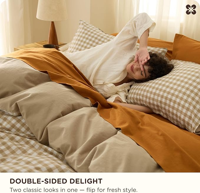 Bedsure Gingham Duvet Cover Queen Size,100% Washed Cotton Duvet Cover Linen Like Textured, Classic Yarn-Dyed Checkered Pattern Enhances Bedroom Comfort and Style, Gingham Khaki, 90"x90"