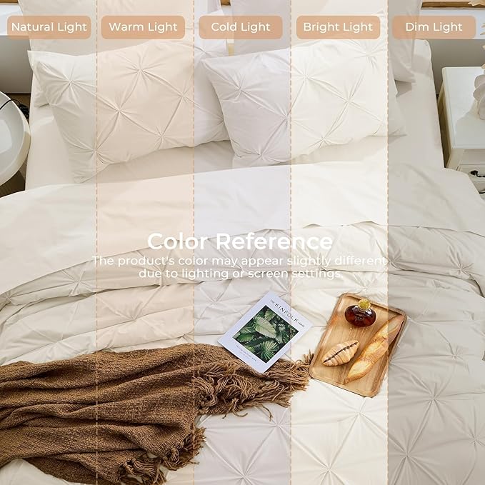 Sasttie California King Comforter Set, 7-Piece Bed in a Bag Cal King, Pintuck Bedding Set for All Season, Includes Comforter, Flat Sheet, Fitted Sheet, Pillowcases and Pillowshams, Beige