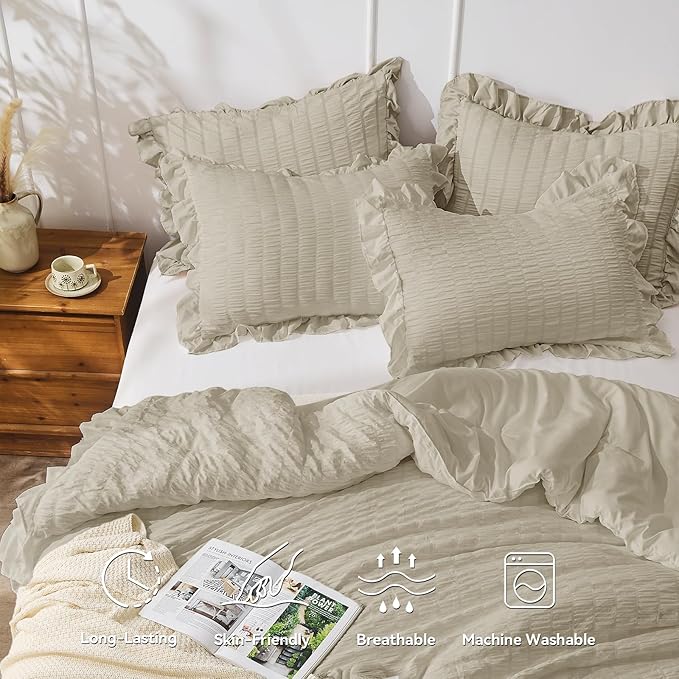 JOLLYVOGUE Full Size Comforter, 3 Pieces Linen Seersucker Lightweight Full Size Bedding, All Season Fluffy Microfiber Bedding Comforter Set with 1 Ruffle Comforter and 2 Ruffle Pillowshams
