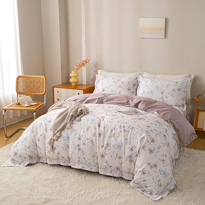 OAITE Duvet Cover Set Queen Size Floral Pattern Ultra Soft 100% Cotton Duvet Cover Sets 3-PC, Breathable Duvet Cover with Zipper Closure & Corner Ties(2 Pillow Shams,1 Duvet Cover)