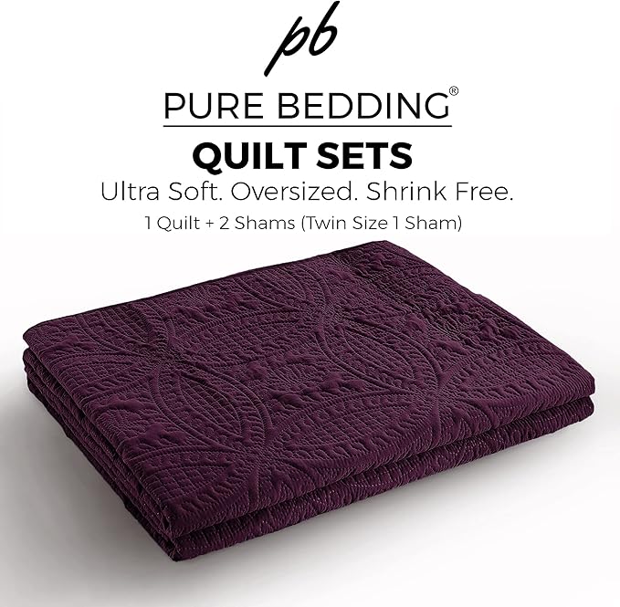 Quilt Set Full/Queen Size Purple - Oversized Bedspread - Soft Microfiber Lightweight Coverlet for All Season - 3 Piece Includes 1 Quilt and 2 Shams, Geometric Pattern