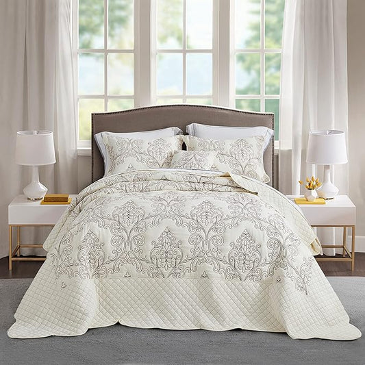 CHIXIN Oversized Bedspread Coverlet Set King Size - Lightweight Bedding Cover - Beautiful Stitching - 5 Piece Reversible Bedspread - Luxury Damask Paisley Pattern (King, Ivory)