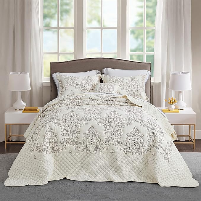 CHIXIN Oversized King Bedspread 128x120 Extra Wide - Lightweight Bedding Cover - Beautiful Stitching - 5 Piece Reversible Bedspread - Luxury Damask Paisley Pattern (King/Cal King, Ivory)