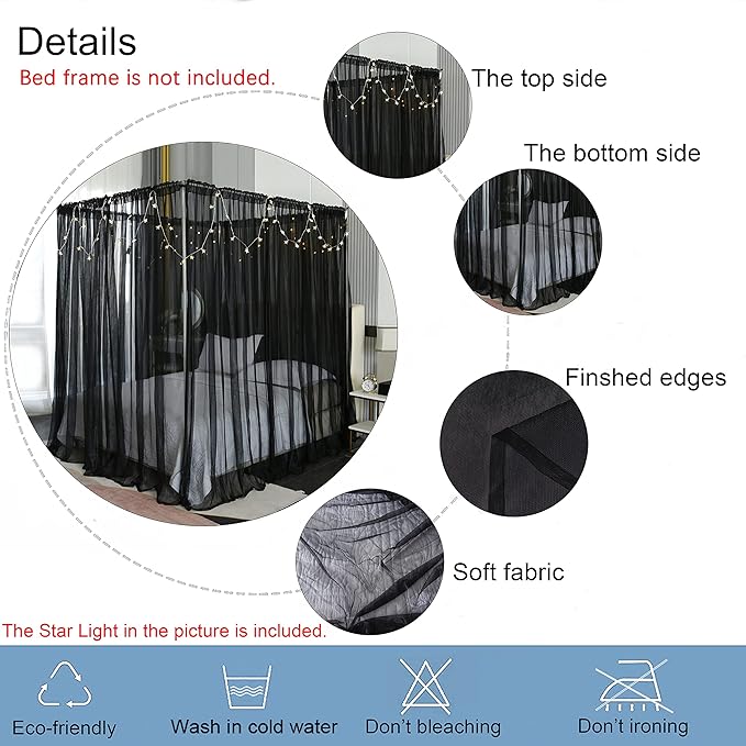Akiky Canopy for Girls Room Bed Curtains Elegant Sheer Curtain for Twin Full Queen King Size Bed Drapes,8 Panels Canopies with Light,Room Décor(Full/Queen,Black)