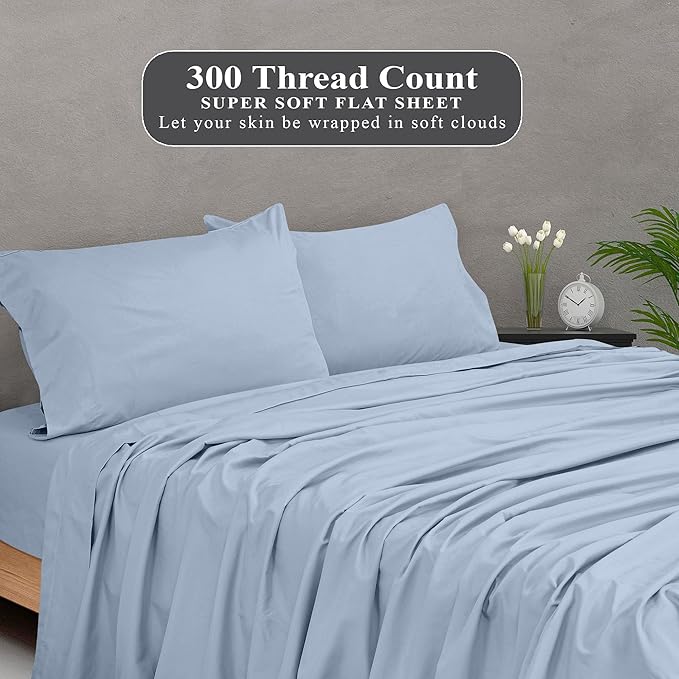 Royale Linens 300 Thread Count 100% Long Staple Combed Cotton Flat Sheet - Super Soft - Top Sheets - Twin Flat Sheet Sold Separately - Breathable, Cool & Crisp Percale Sheets Only (Twin, Lake Blue)