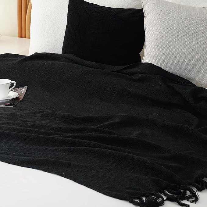 Battilo Black Solid Knit Throw Blanket for Couch and Bed, Soft Textured Plush Blanket, Cozy Lightweight Decorative Blanket for Sofa, 50"x60"