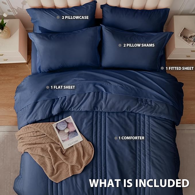 Queen Comforter Set Navy - Bed in a Bag Queen Size 7 Pieces, Soft Bedding Set for All Seasons, Premium Queen Comforter Set with Comforter, Sheets, Pillowcases & Shams