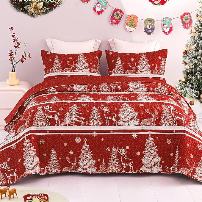 Exclusivo Mezcla Reversible Christmas Quilts Twin Size, Red Bedspread Lightweight Coverlet Winter Quilt Bedding Set with Printed Striped Trees Snowflakes Pattern (1 Quilt, 1 Pillow Sham)