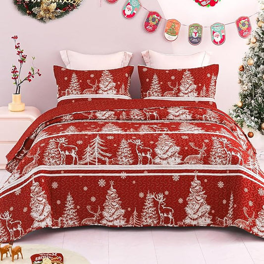 Exclusivo Mezcla Reversible Christmas Quilts Twin Size, Red Bedspread Lightweight Coverlet Winter Quilt Bedding Set with Printed Striped Trees Snowflakes Pattern (1 Quilt, 1 Pillow Sham)