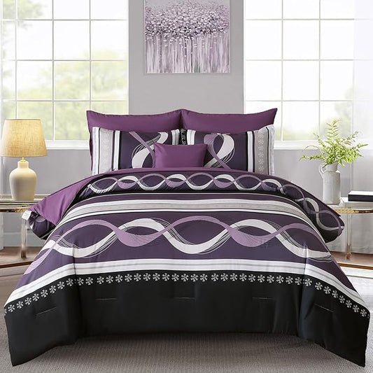 Anibedding Purple Comforter Set Full Size,8 Pieces Bed in a Bag Patchwork Striped Bedding Sets,Boho Soft Microfiber Bedding Set for All Season(78"×90")
