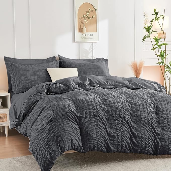 HYMOKEGE Dark Grey Twin Size Duvet Cover, Ultra Soft 2-Piece Seersucker Duvet Cover Set with Zipper Closure, Soft Brushed Microfiber Bedding Set with 8 Corner Ties (68"x90", 1 Pillowshams)