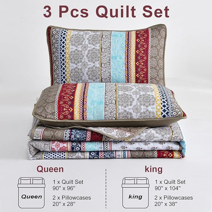 WONGS BEDDING Boho Quilt Set Queen Size, Brown Bohemian 3 Pieces Quilt Bedding Sets, Lightweight Microfiber Bedspread Coverlet Set for All Season (96"x90")