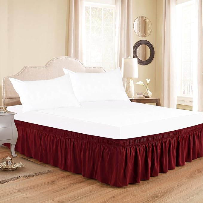 Wrap Around Bed Skirts Elastic Dust Ruffles, Easy Fit Wrinkle and Fade Resistant Silky Microfiber Fabric Solid Color Bedskirt, 12 Inch Tailored Drop Burgundy for Olympic Queen Size Bed Skirt