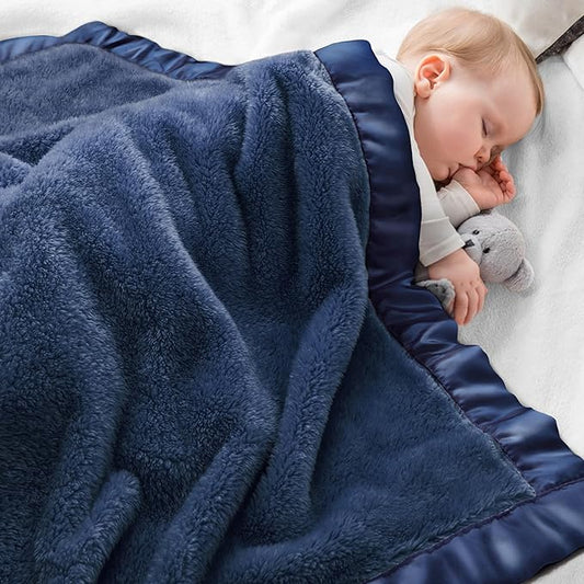 Pro Goleem Fleece Baby Blankets for Boys with 2 Inch Satin Trim, Super Soft Plush Receiving Blanket for Infant Toddler Newborn, Cozy 30x40 Inch Crib & Stroller Blanket (Navy Blue)