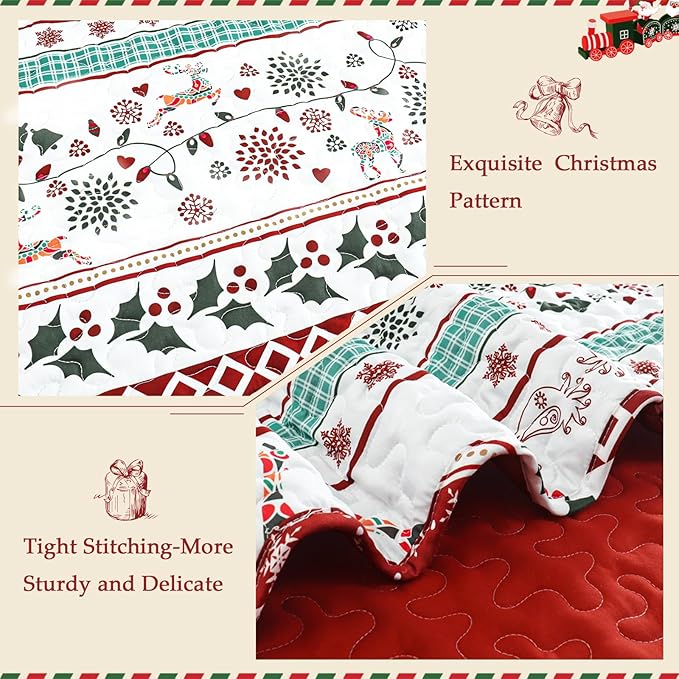 Exclusivo Mezcla Reversible Christmas Quilts Twin Size, Red Bedspread Lightweight Coverlet Winter Quilt Bedding Set with Printed Striped Flowers Reindeer Pattern (1 Quilt, 1 Pillow Sham)